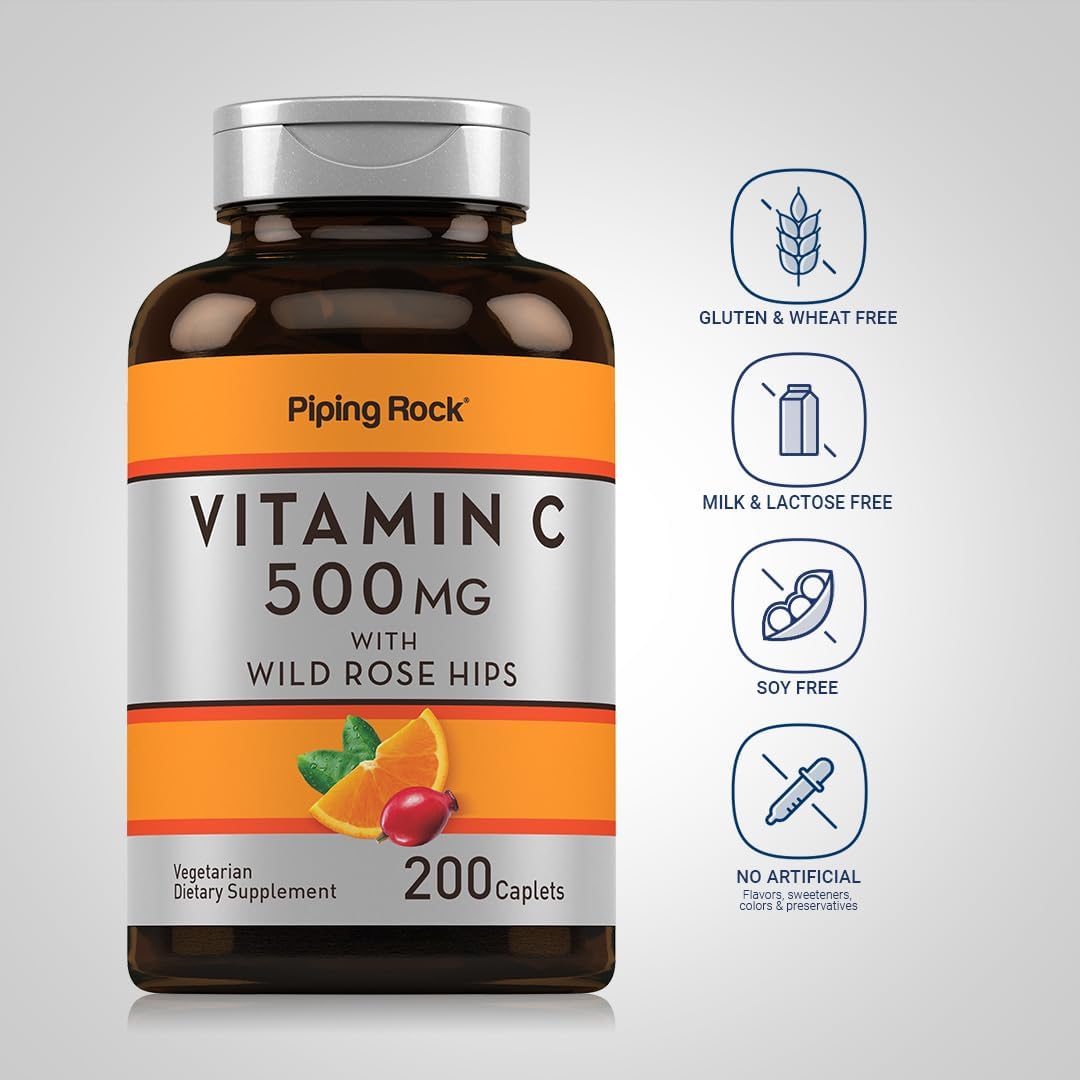 500mg Vitamin C Caplets with Rose HIPS | 200 Count | Vegetarian, Non-GMO, Gluten Free