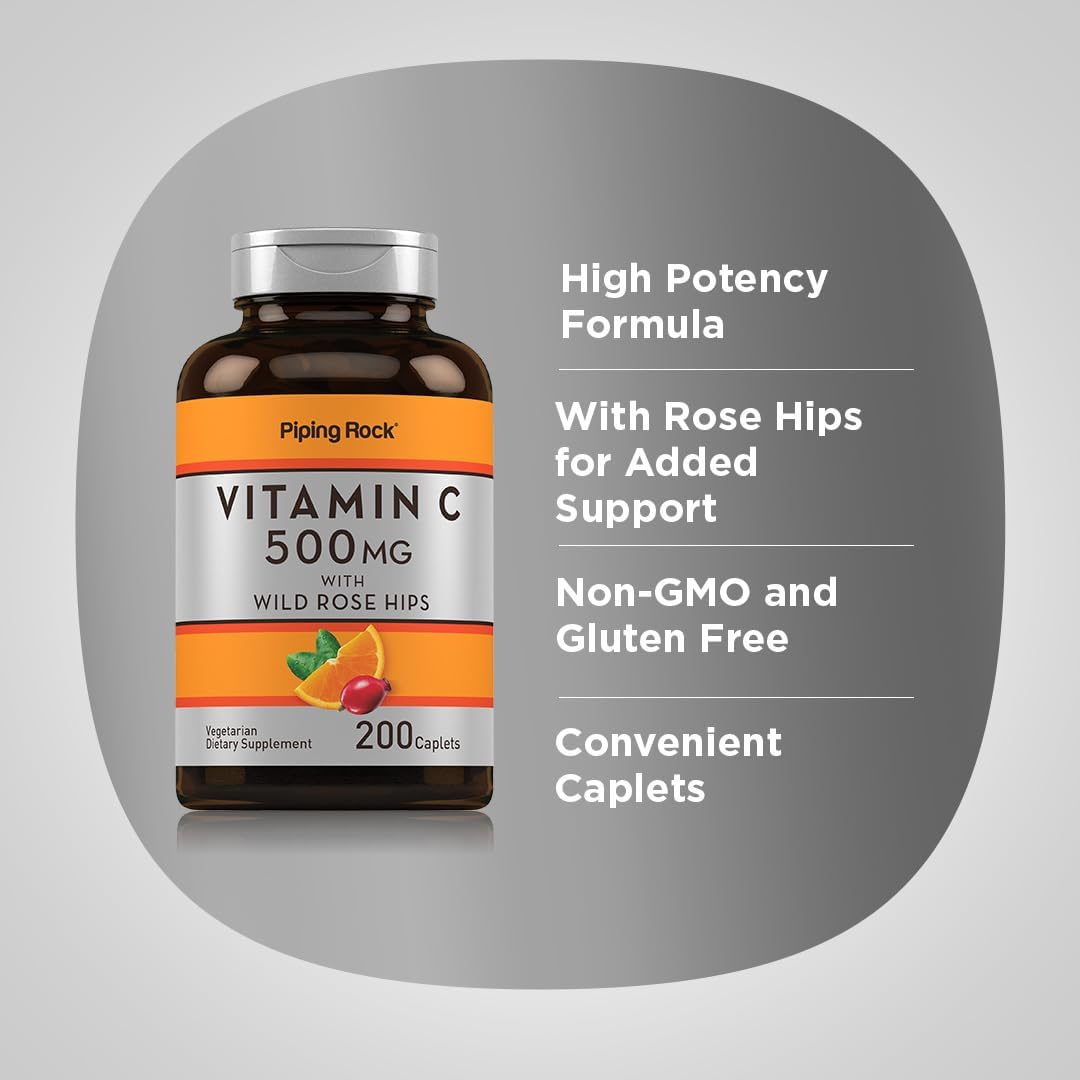 500mg Vitamin C Caplets with Rose HIPS | 200 Count | Vegetarian, Non-GMO, Gluten Free