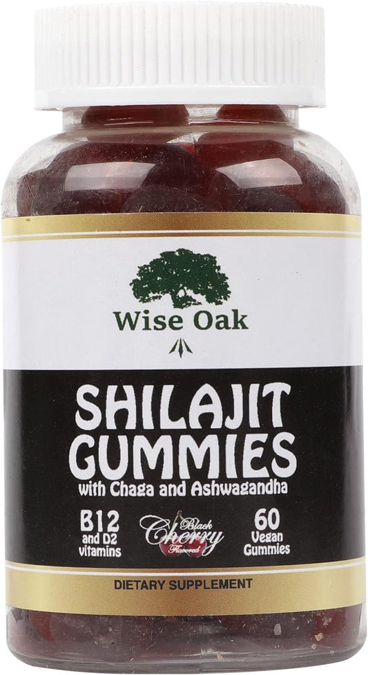 500mg Wise Oak Shilajit Gummies with Chaga, Ashwagandha, B12, D2 Vitamins - Black Cherry Flavored Vegan Ayurvedic Supplement