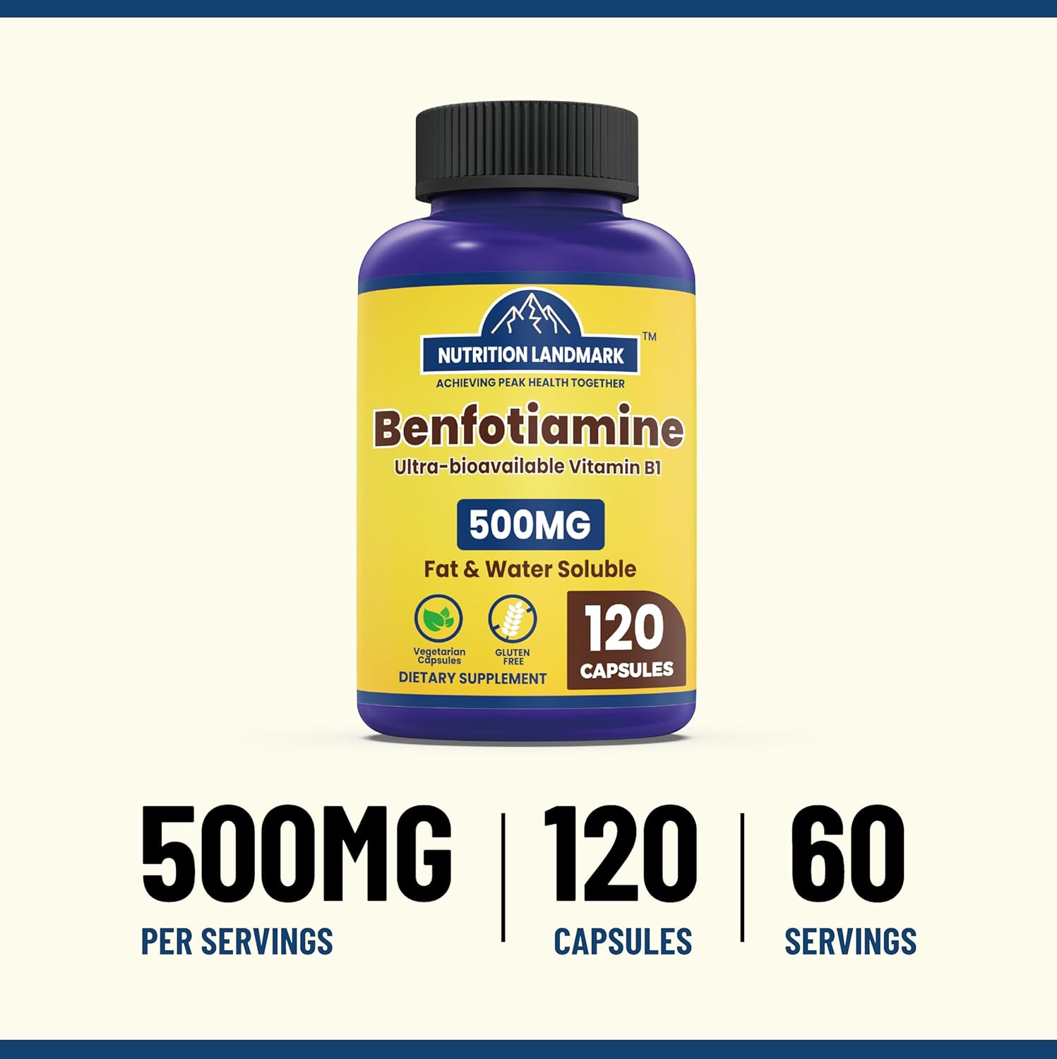 500mg YOYKYE Vitamin B1 Benfotiamine Capsules - Fat & Water Soluble, 120 Count, Gluten Free, Non-GMO, Vegetarian Formula