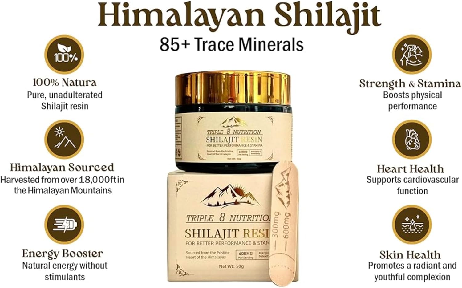 50g Triple 8 Nutrition Shilajit Resin: Pure Wild Himalayan Organic Fulvic Acid & Trace Minerals - Potent for Men & Women - Third Party Lab Tested