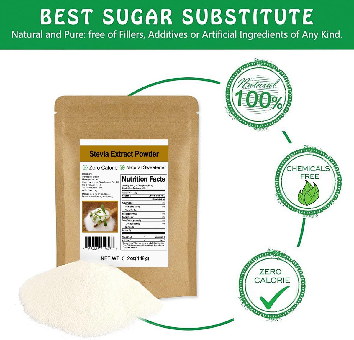 5.2oz CCnature Pure Stevia Extract Powder: Highly Concentrated Zero Calorie Sweetener Without Erythritol - Natural Sugar Alternative