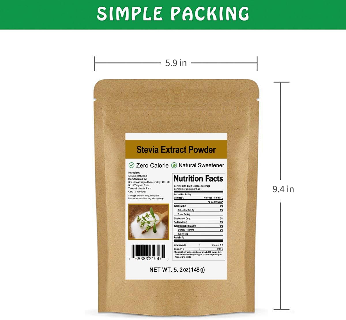 5.2oz CCnature Pure Stevia Extract Powder: Highly Concentrated Zero Calorie Sweetener Without Erythritol - Natural Sugar Alternative