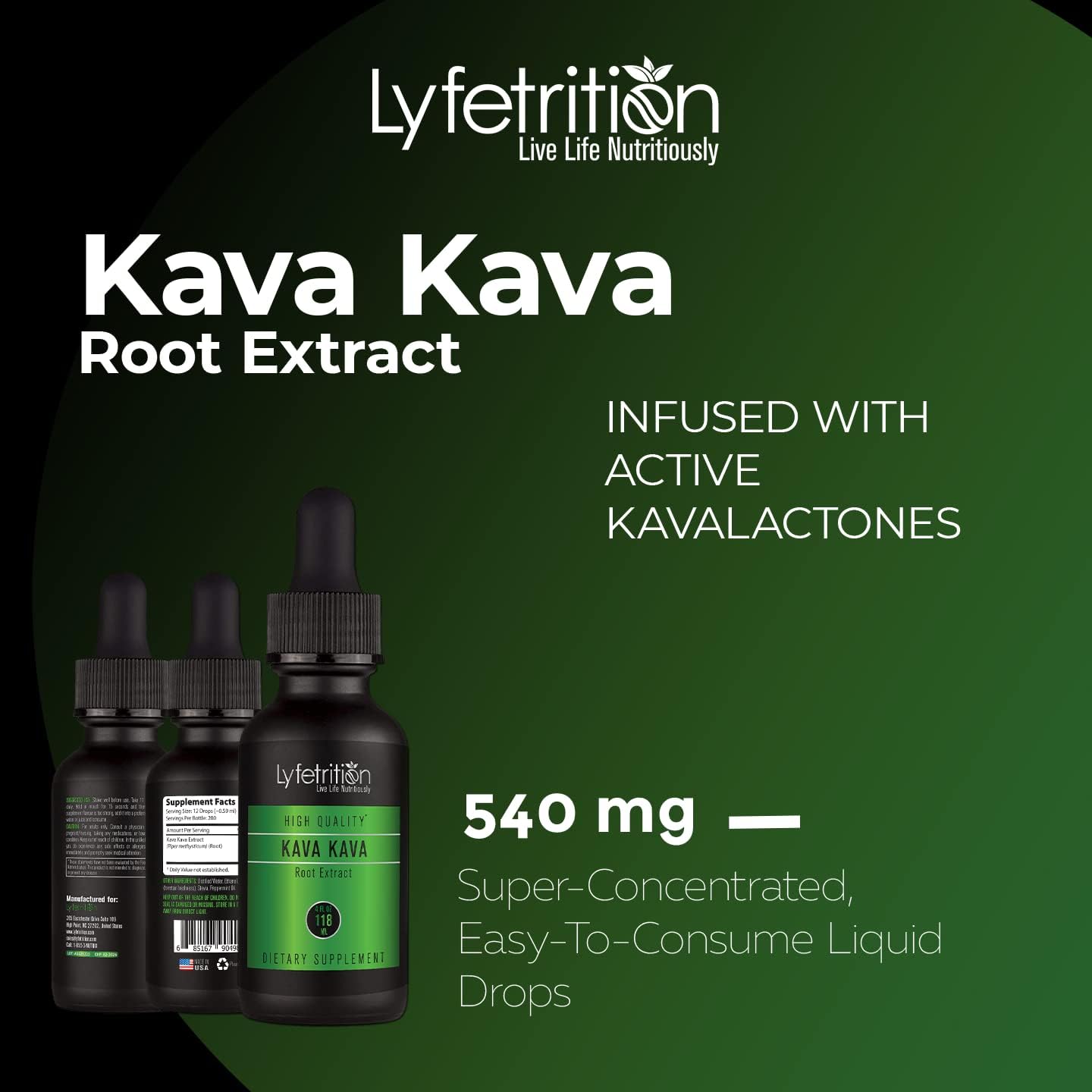 540mg Kava Kava Root Extract Liquid Drops - 220 Servings, Fast Absorption, GMP-Certified, Non-GMO USA-Made Supplement