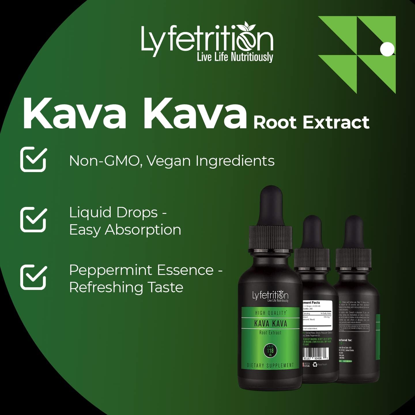 540mg Kava Kava Root Extract Liquid Drops - 220 Servings, Fast Absorption, GMP-Certified, Non-GMO USA-Made Supplement