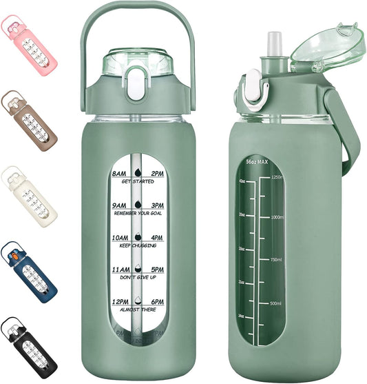 56oz Glass Water Bottle with Straw and Time Marker, Leakproof Large Bottle for Gym and Office with Silicone Sleeve - Olive Green