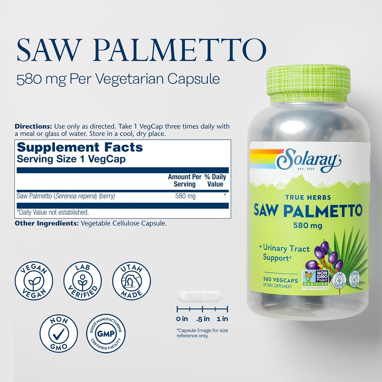 580 mg Saw Palmetto Berries by SOLARAY - Prostate Health Supplement for Men - Supports Urinary Tract and Hair Health - Vegan Capsules with Fatty Acids and Plant Sterols - 360 VegCaps, 60-Day Guarantee