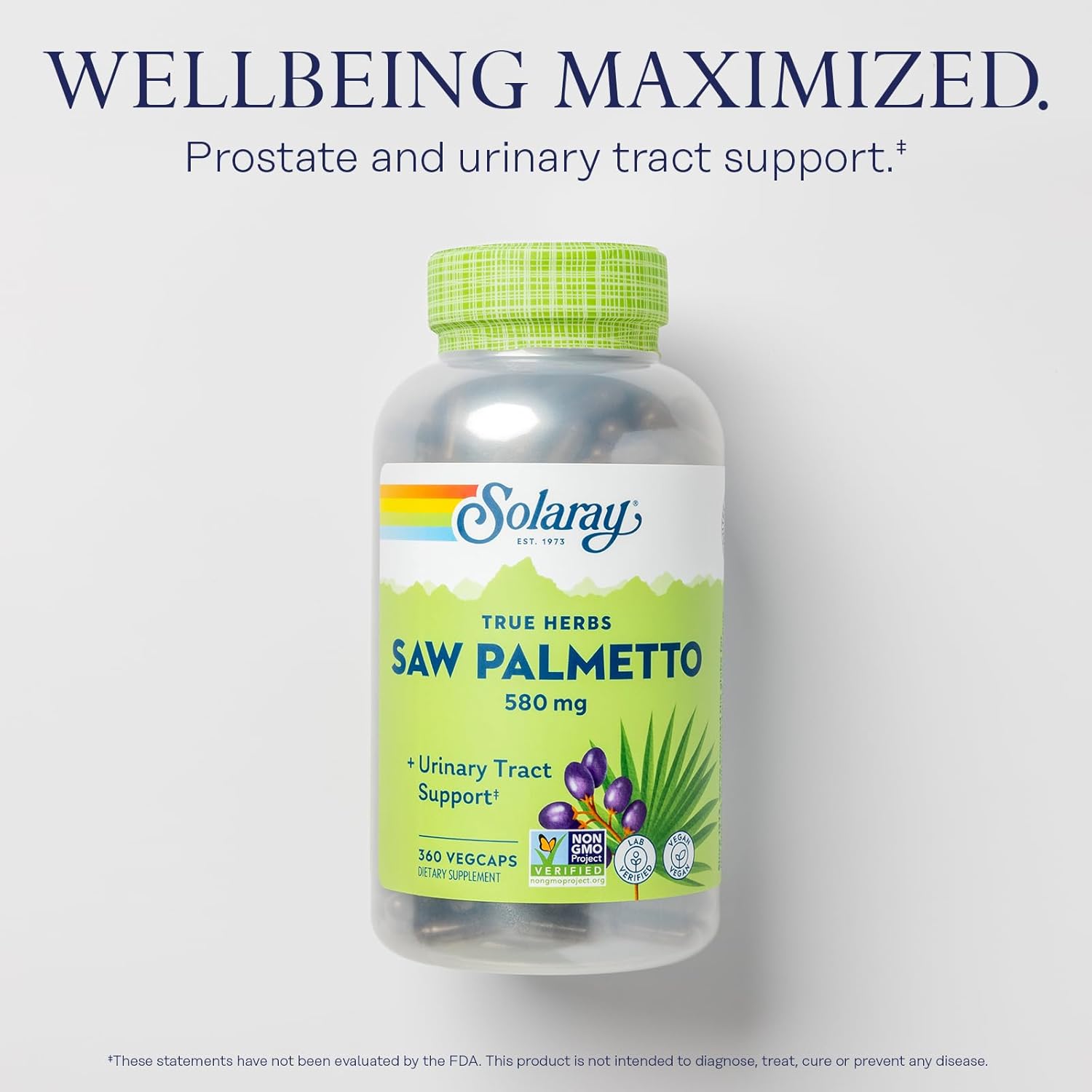 580 mg Saw Palmetto Berries by SOLARAY - Prostate Health Supplement for Men - Supports Urinary Tract and Hair Health - Vegan Capsules with Fatty Acids and Plant Sterols - 360 VegCaps, 60-Day Guarantee