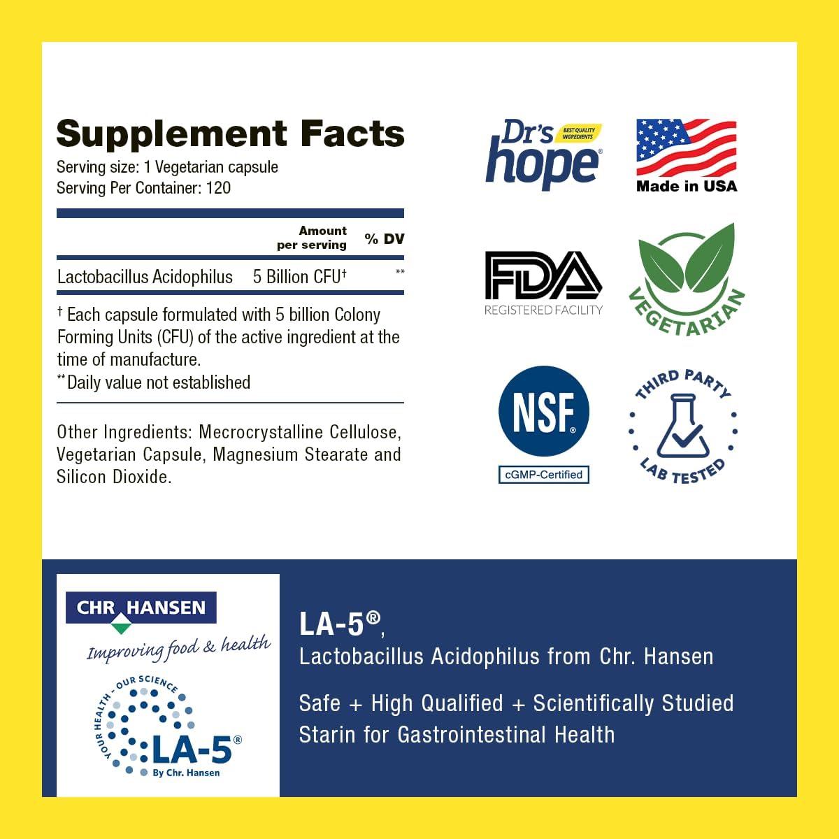5B CFU Lactobacillus Acidophilus Probiotic Capsules - Supports Digestive & Immune Health - 120 Veggie Capsules, USA Made