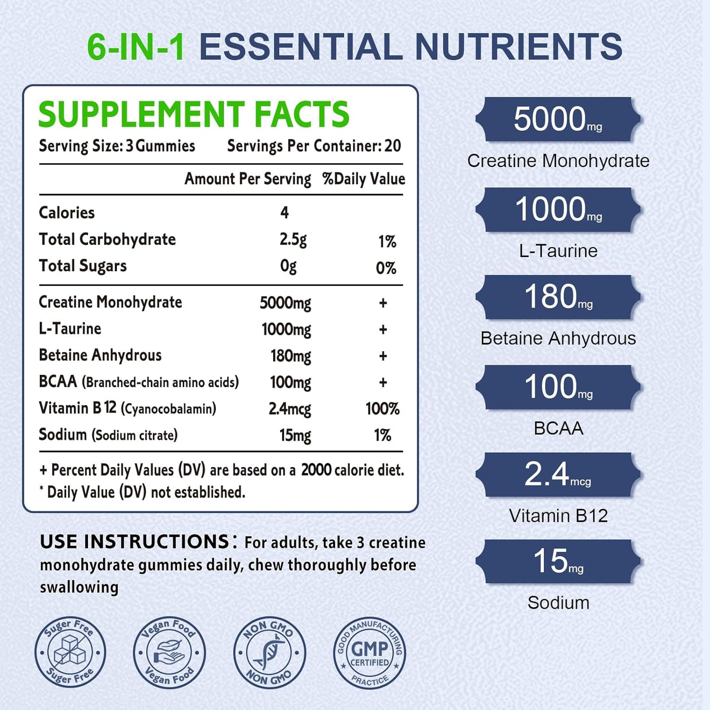 5g Chewable Creatine Monohydrate Gummies with Vitamin B12 for Muscle Strength and Energy Support - Blueberry Flavor, 60 Count - Non-GMO for Men and Women