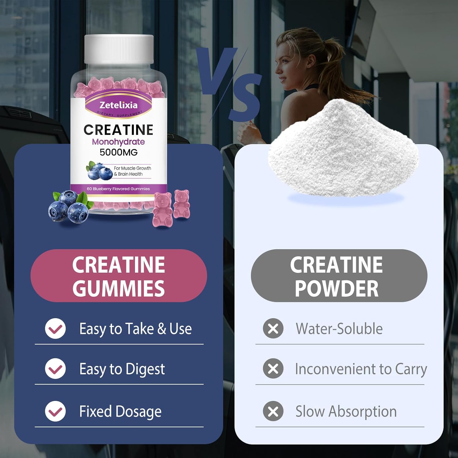 5g Chewable Creatine Monohydrate Gummies with Vitamin B12 for Muscle Strength and Energy Support - Blueberry Flavor, 60 Count - Non-GMO for Men and Women