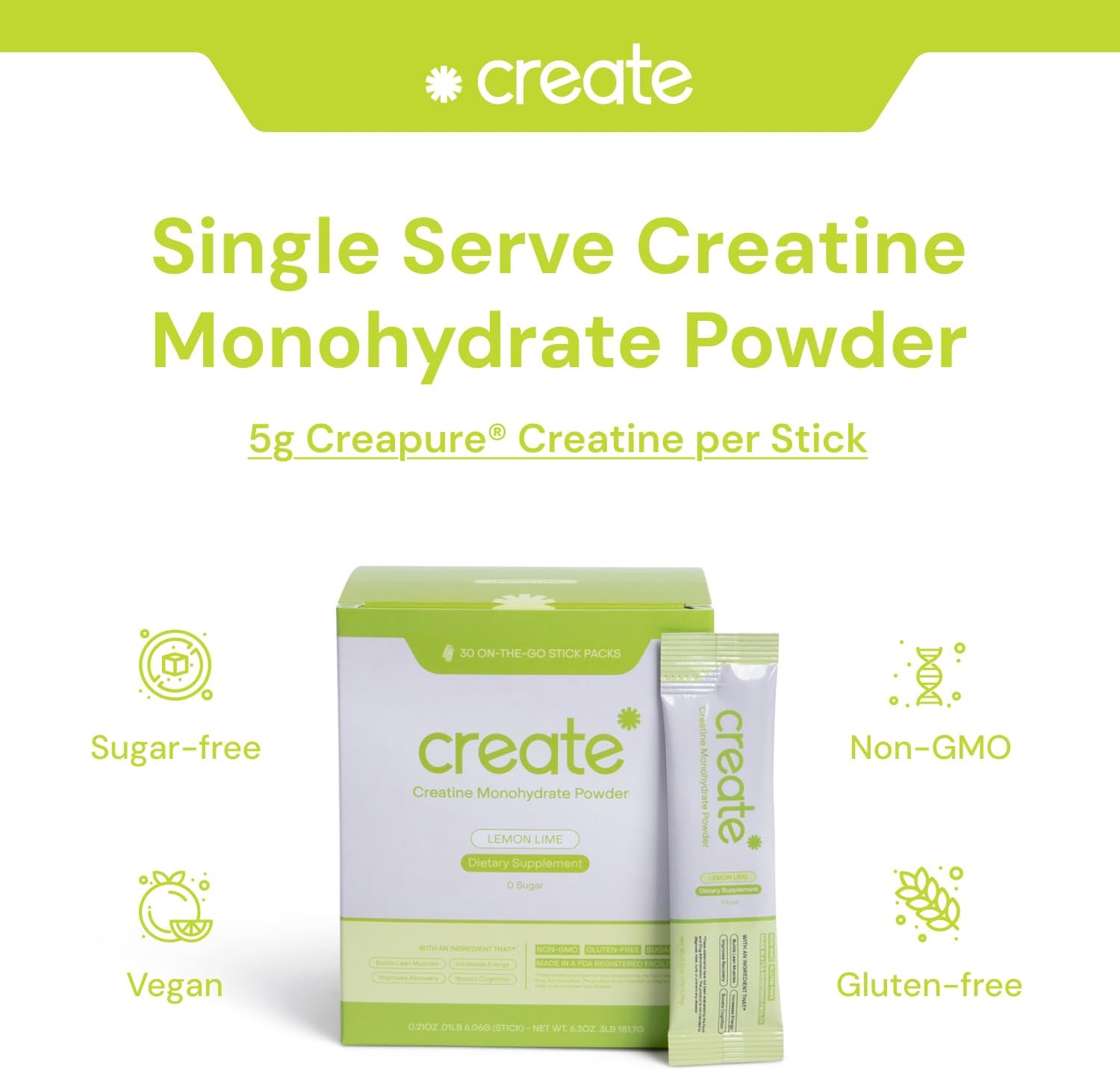 5g Creapure Creatine Monohydrate Powder Packets - Boost Strength, Energy & Recovery - Sugar-Free, Vegan, Non-GMO - Lemon/Lime - 30 Servings