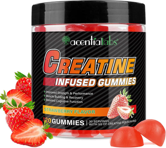 5g Low Sugar Vegan Creatine Monohydrate Gummies - Boost Strength, Recovery, Endurance - Strawberry Flavor - 120 Count for Men & Women