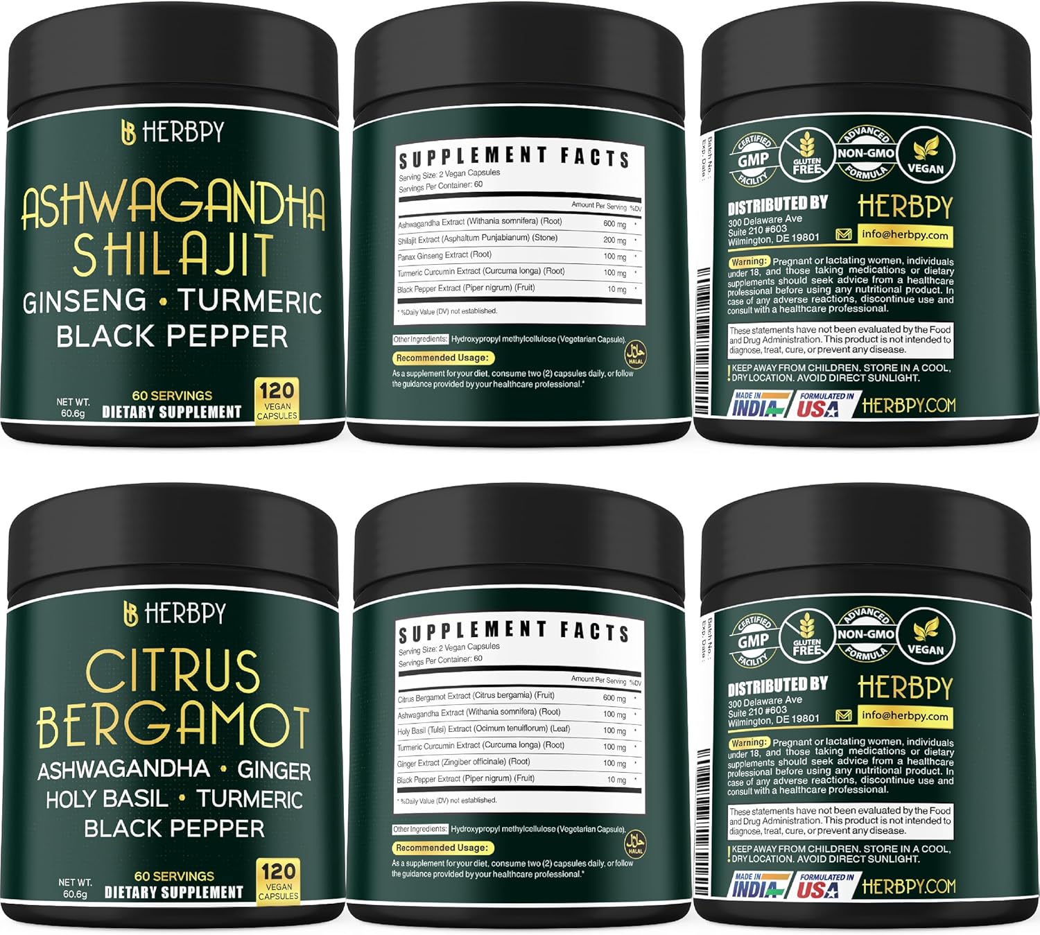 5in1 Ashwagandha Shilajit & 6in1 Citrus Bergamot Supplement Bundle for Relaxation, Heart Health, Digestion, and Immune Support
