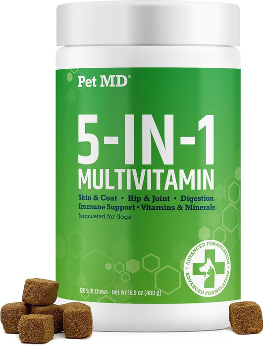 5in1 Dog Multivitamin with 30 Essential Nutrients - Skin, Coat, Hip, Joint, Digestion & Immune Support - Glucosamine, Omega 3 6 9, Probiotics - 120 ct
