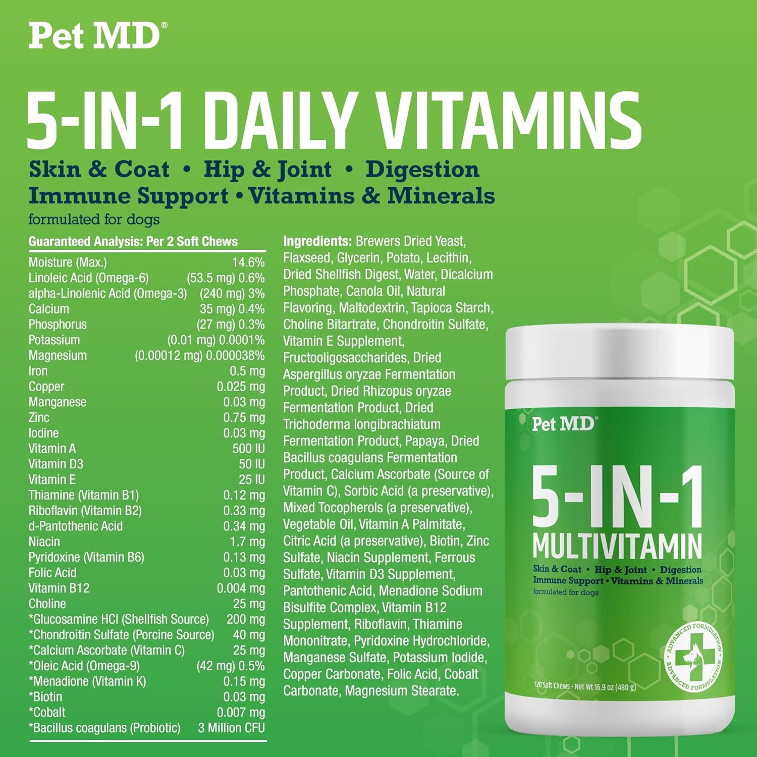 5in1 Dog Multivitamin with 30 Essential Nutrients - Skin, Coat, Hip, Joint, Digestion & Immune Support - Glucosamine, Omega 3 6 9, Probiotics - 120 ct