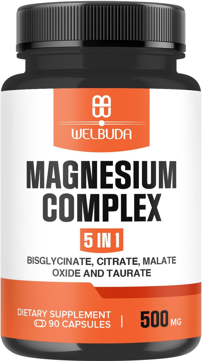 5in1 Magnesium Complex Supplement with 20% Purified - 500mg of Magnesium Bisglycinate, Citrate for Muscle, Relaxation, Bone Health - 90 Capsules