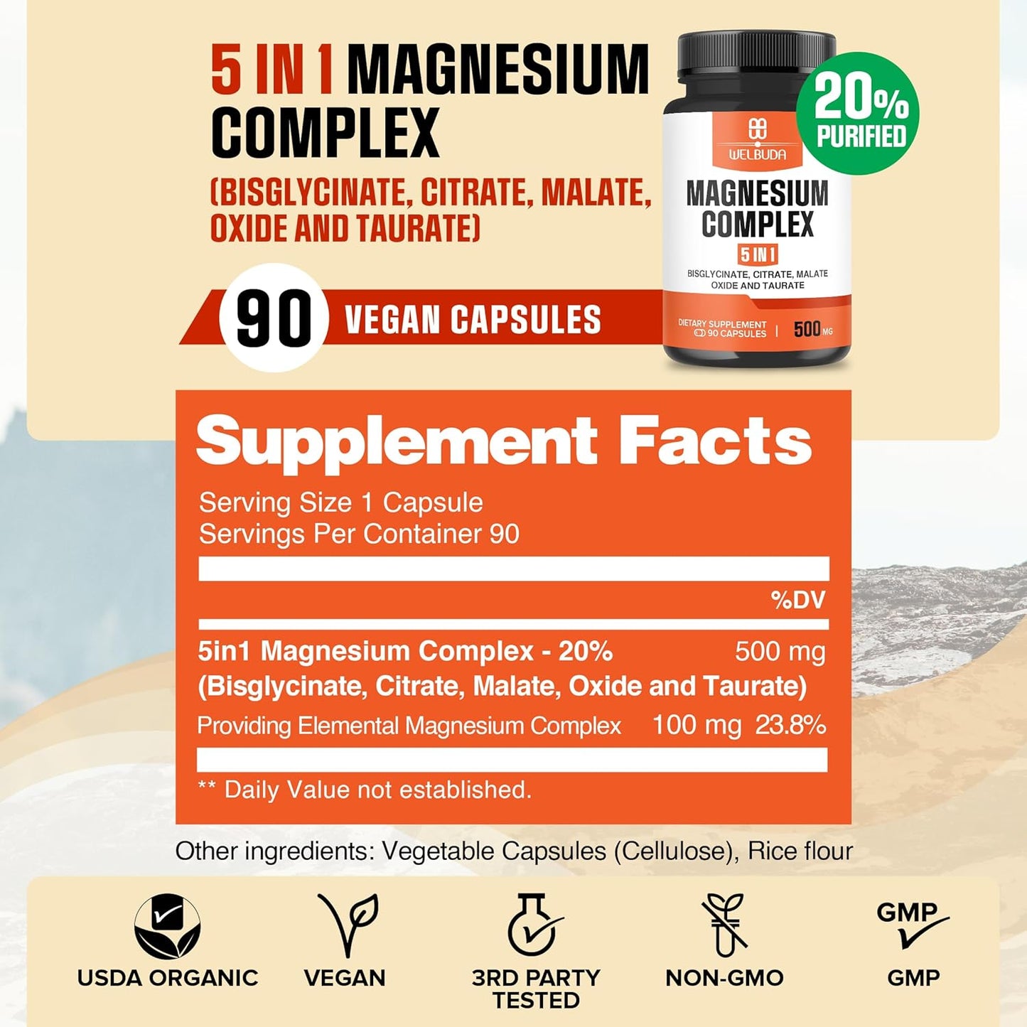 5in1 Magnesium Complex Supplement with 20% Purified - 500mg of Magnesium Bisglycinate, Citrate for Muscle, Relaxation, Bone Health - 90 Capsules