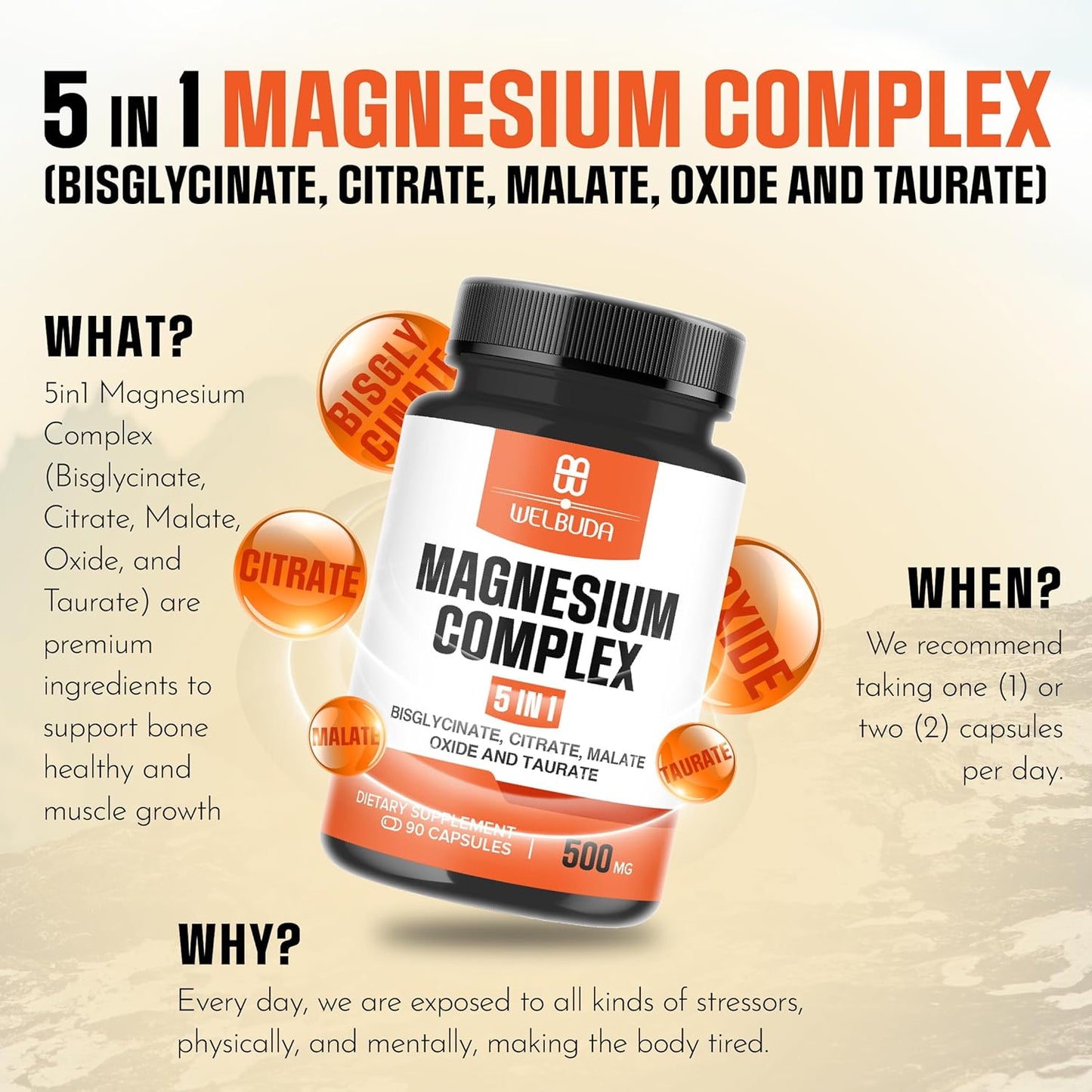 5in1 Magnesium Complex Supplement with 20% Purified - 500mg of Magnesium Bisglycinate, Citrate for Muscle, Relaxation, Bone Health - 90 Capsules