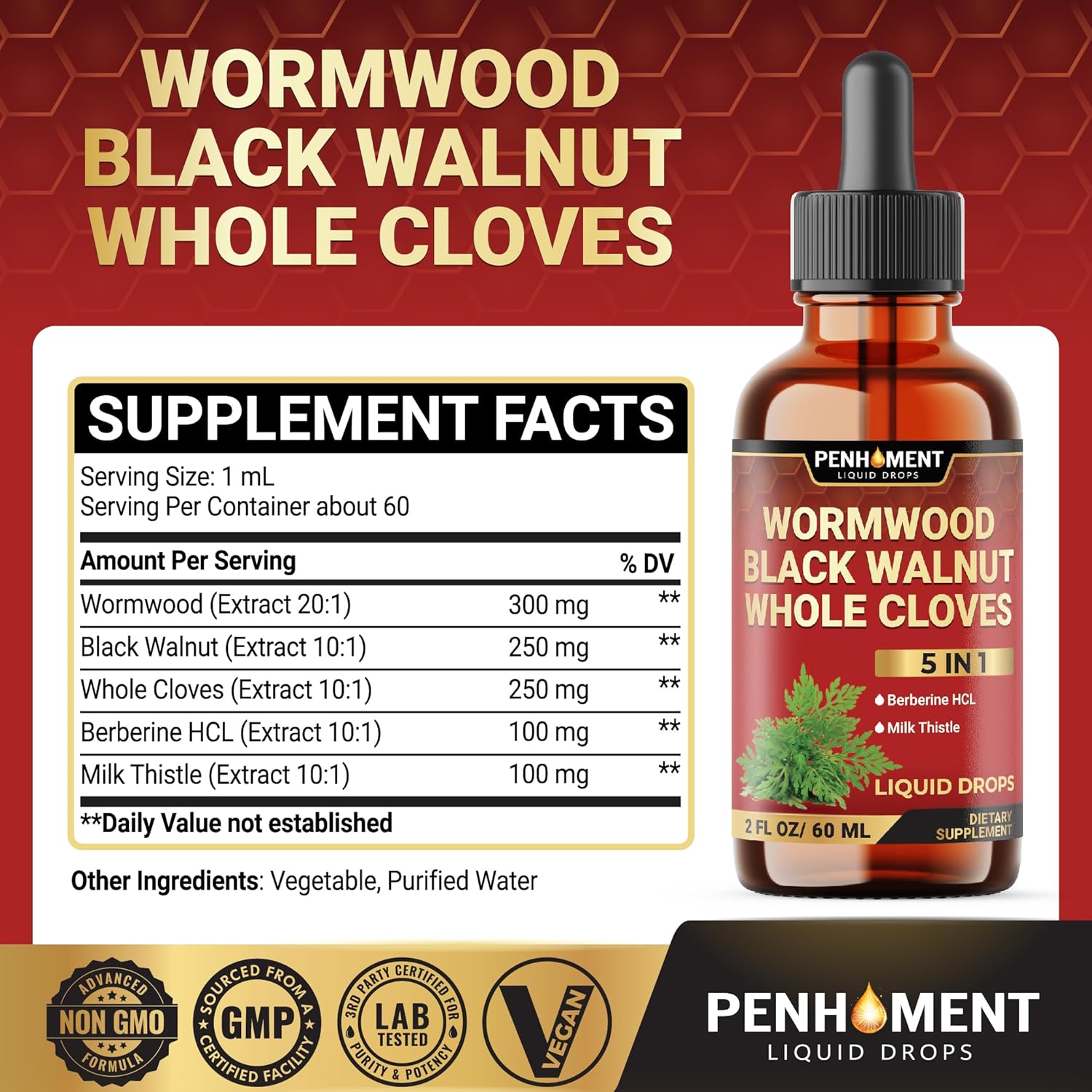 5in1 Wormwood Liquid Drops - Black Walnut, Cloves, Berberine, Milk Thistle Extract - 2 FL OZ - 60 Day Supply