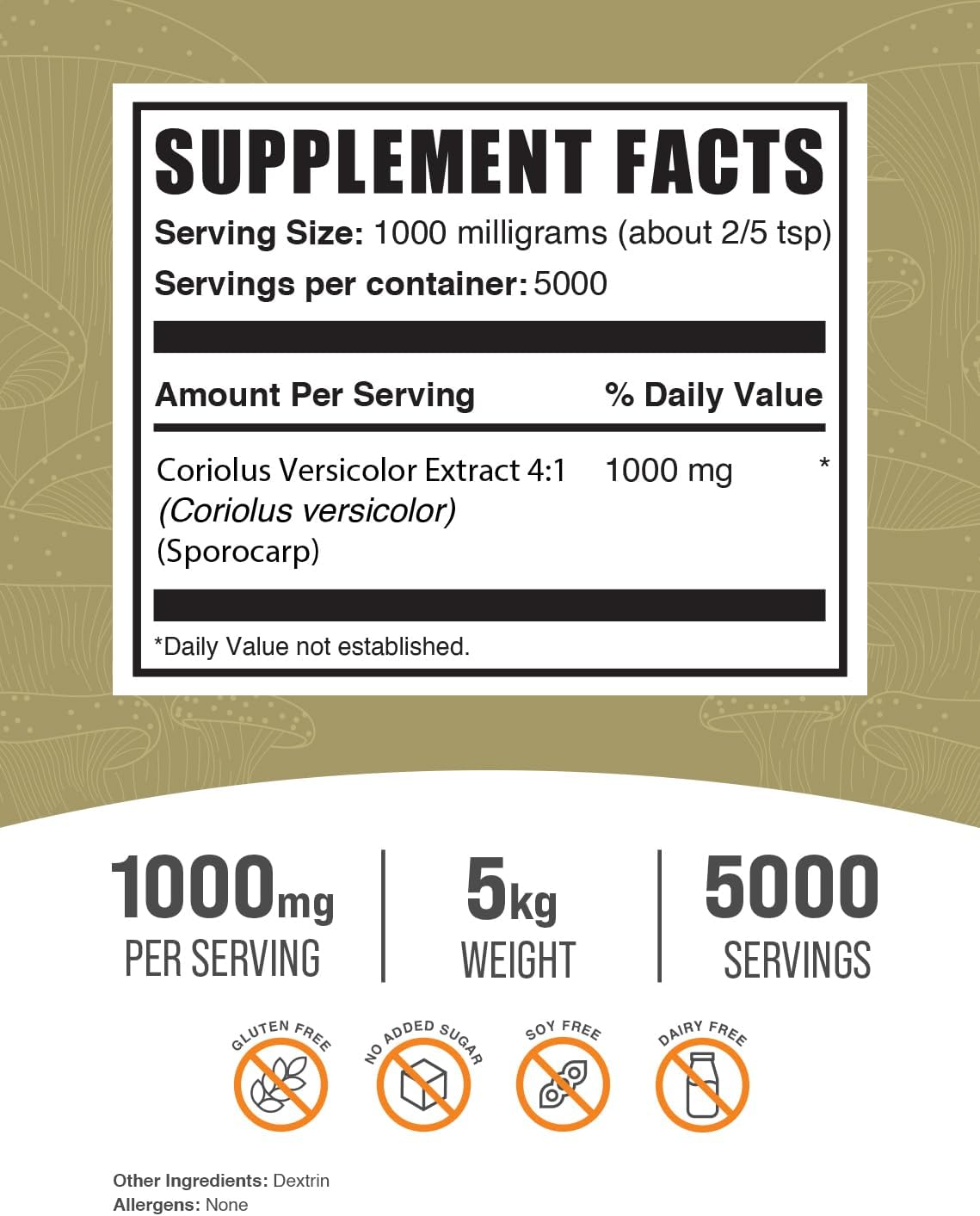 5kg Bulk Turkey Tail Mushroom Extract Powder - Coriolus Versicolor, 1000mg per Serving - Vegan & Gluten-Free - 11 lbs Total (Pack of 5)