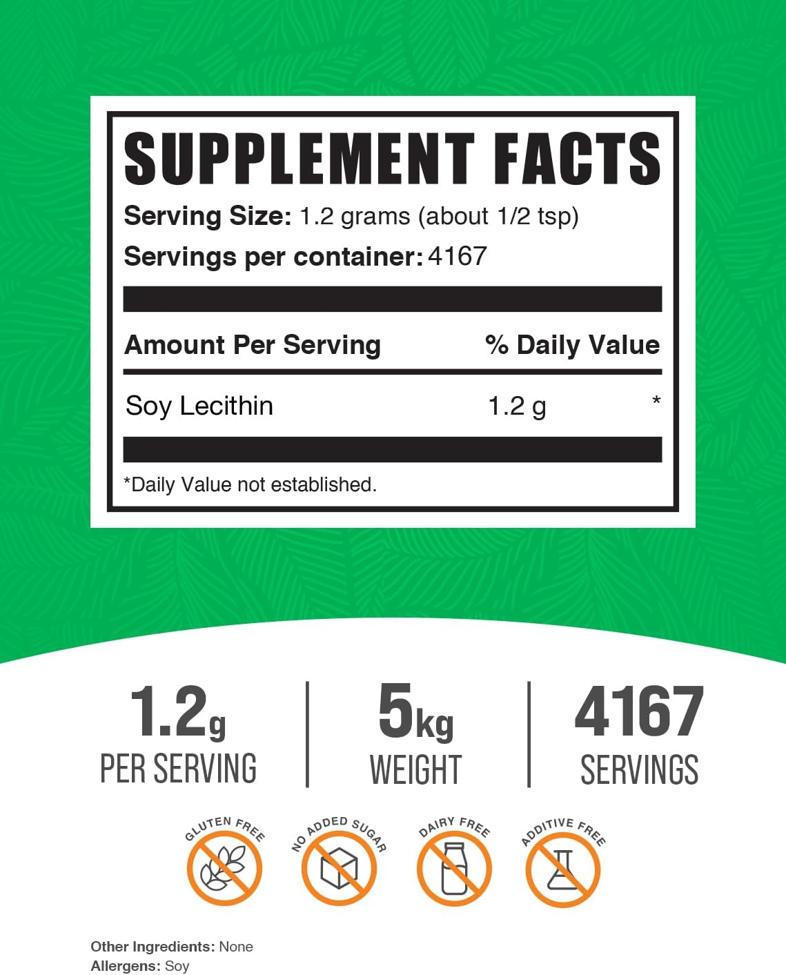 5kg Soy Lecithin Powder - Food Grade Supplement, 1200mg per Serving, Gluten Free - Pack of 5, Bulk Size 11 lbs Bottles