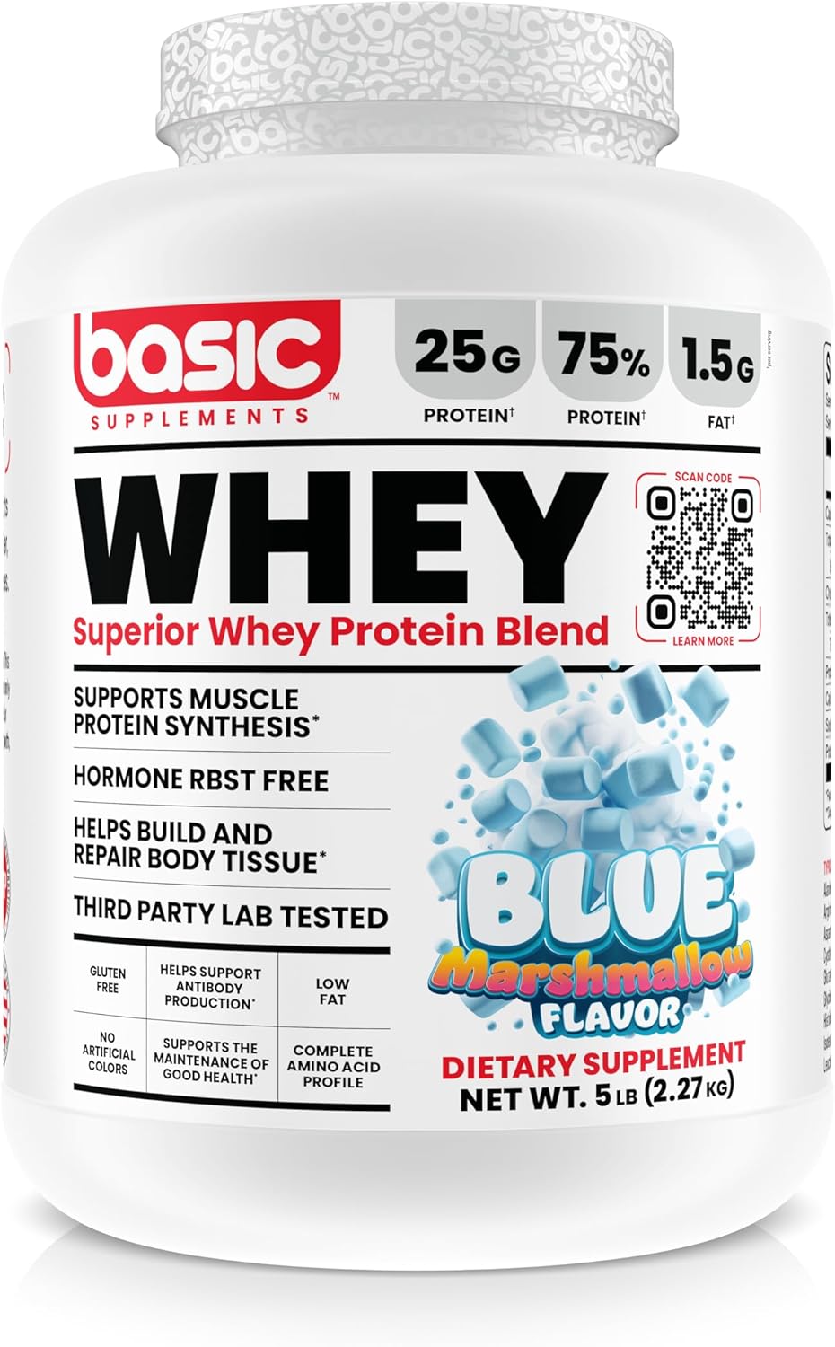5lb Blue Marshmallow Whey Protein Powder with 25g Protein, Complete Amino Acids, Gluten-Free, Low Fat - Muscle Recovery & Antibody Support