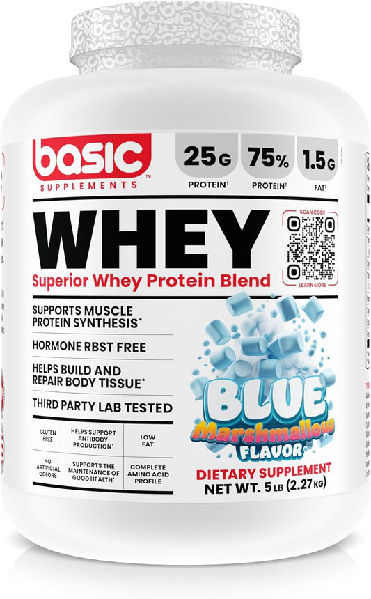 5lb Blue Marshmallow Whey Protein Powder with 25g Protein, Complete Amino Acids, Gluten-Free, Low Fat - Muscle Recovery & Antibody Support