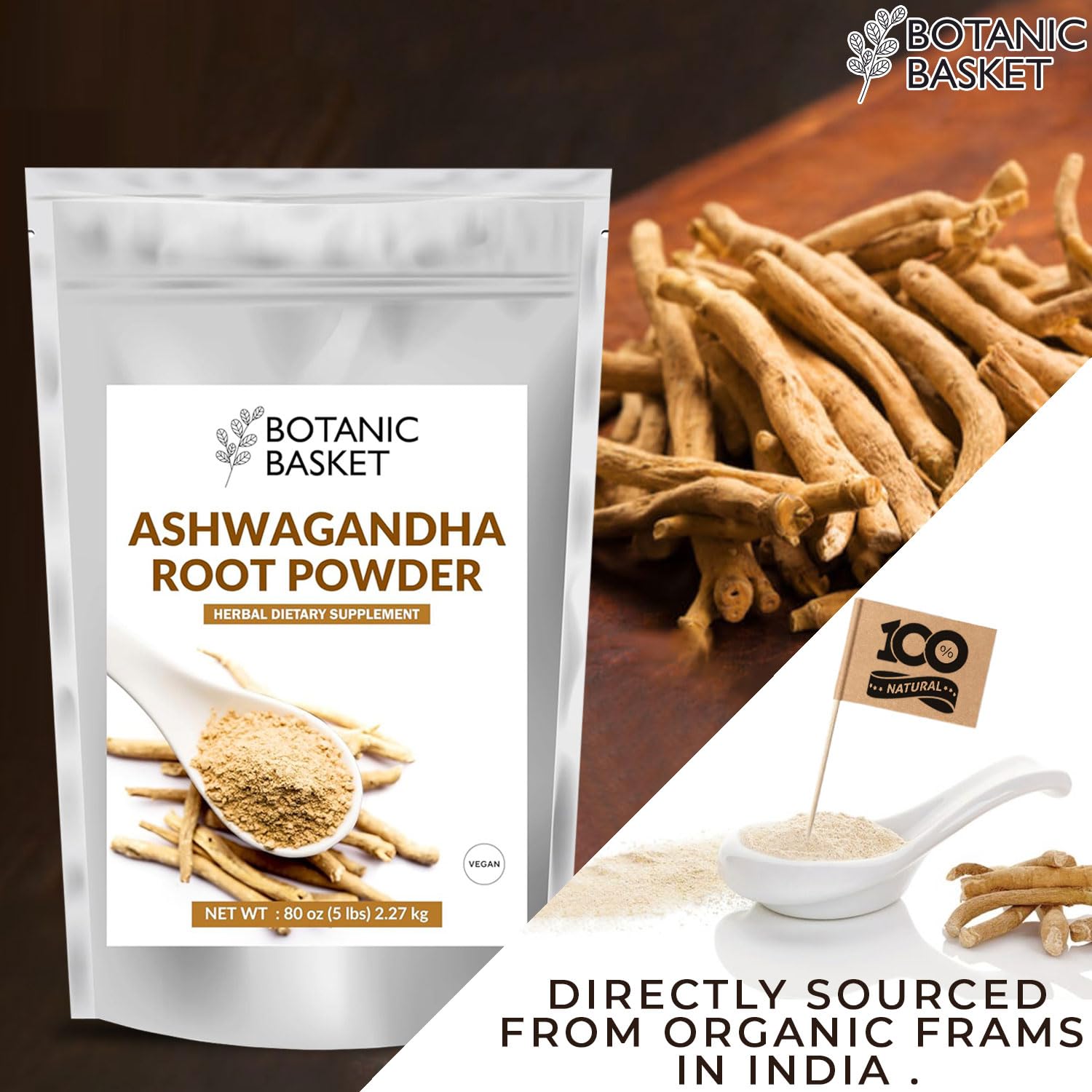 5lb Botanic Basket Ashwagandha Root Powder - Pure, GMO-Free, Gluten-Free, Rich in Withanolides - No Fillers or Additives