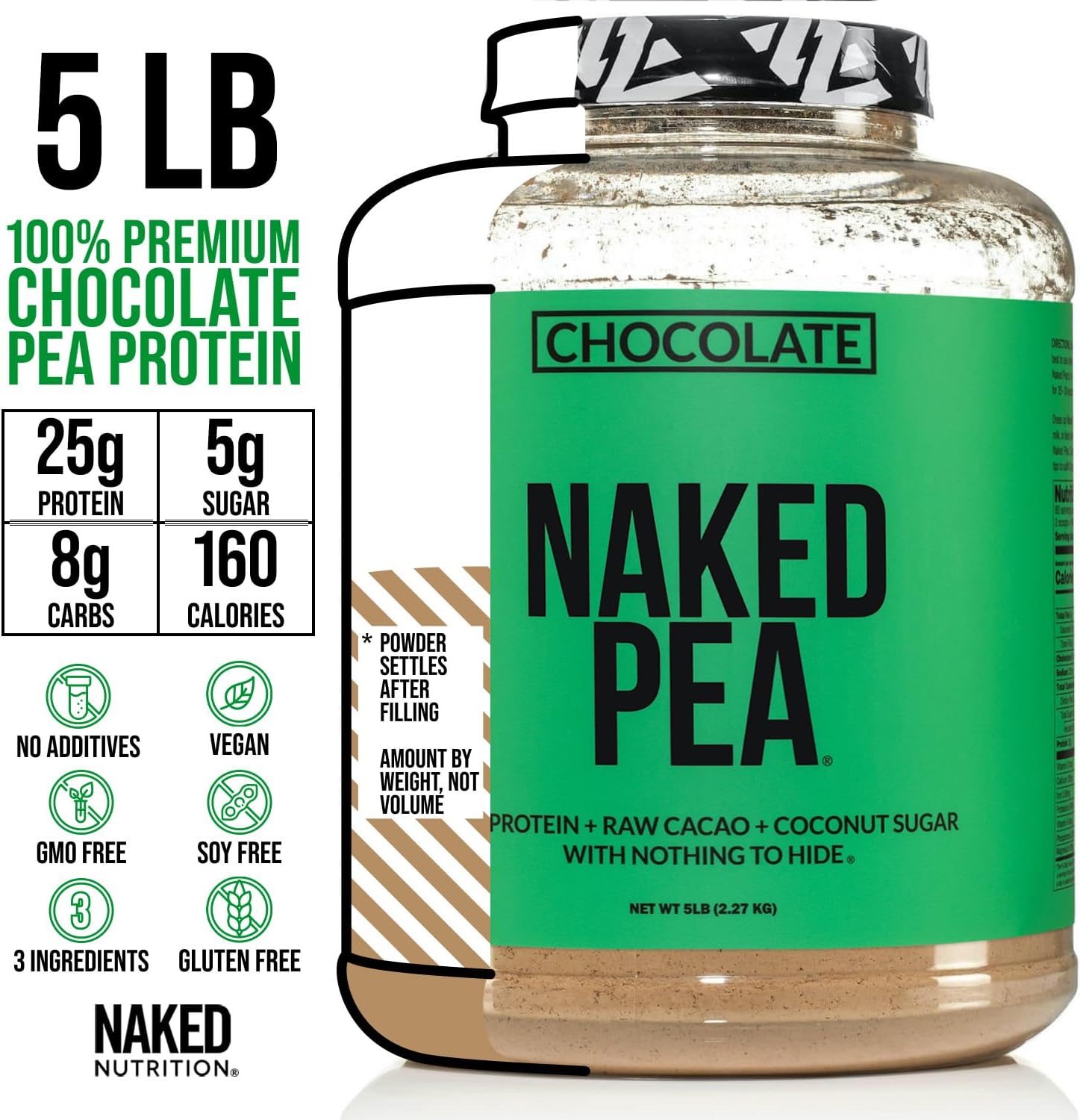 5lb Bulk Chocolate Naked Pea Protein Isolate - Plant Based, Vegan, Non-GMO, Gluten Free, Easy to Digest