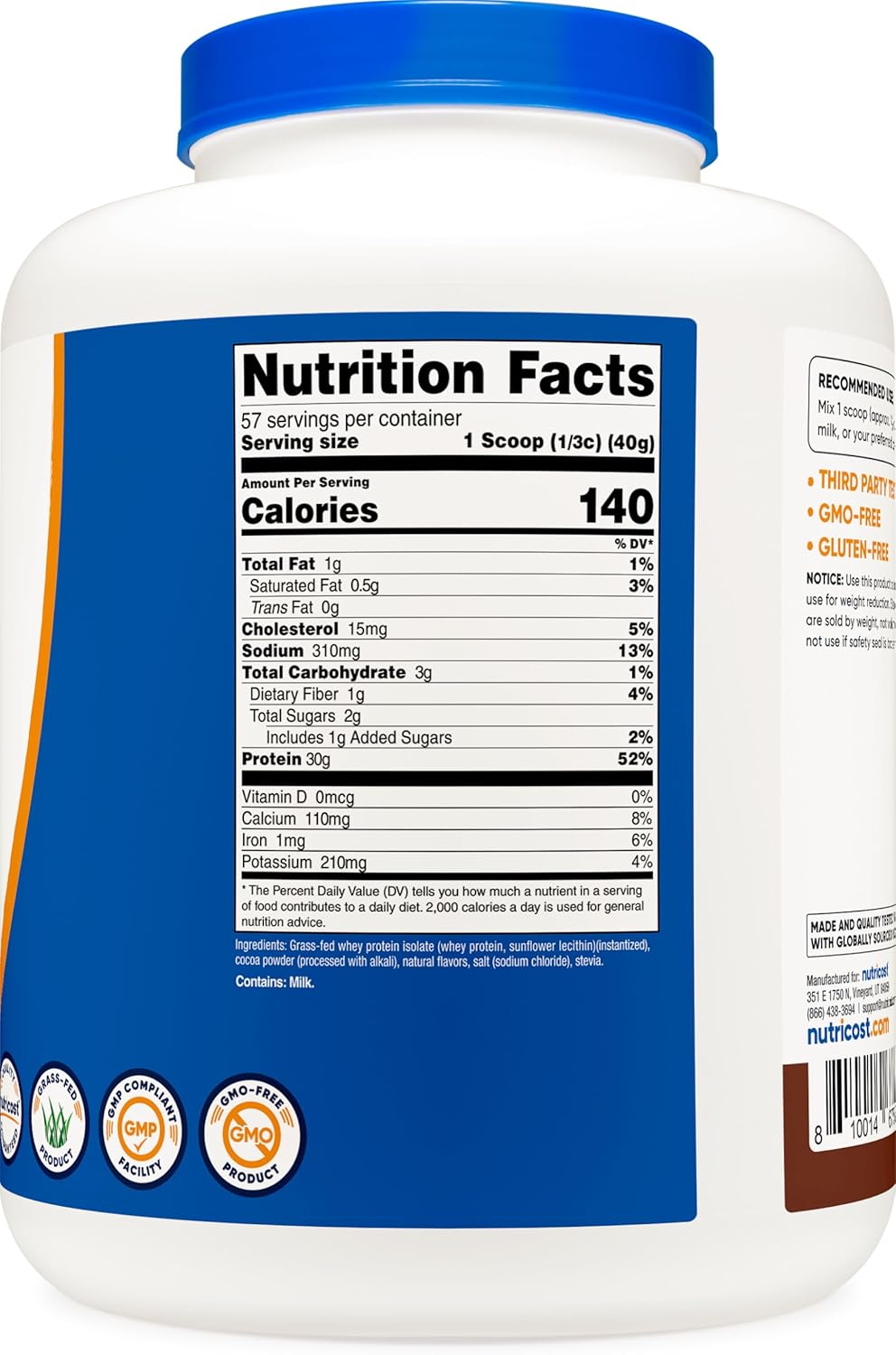 5LB Chocolate Grass-Fed Whey Protein Isolate - Non-GMO, Gluten Free, All-Natural