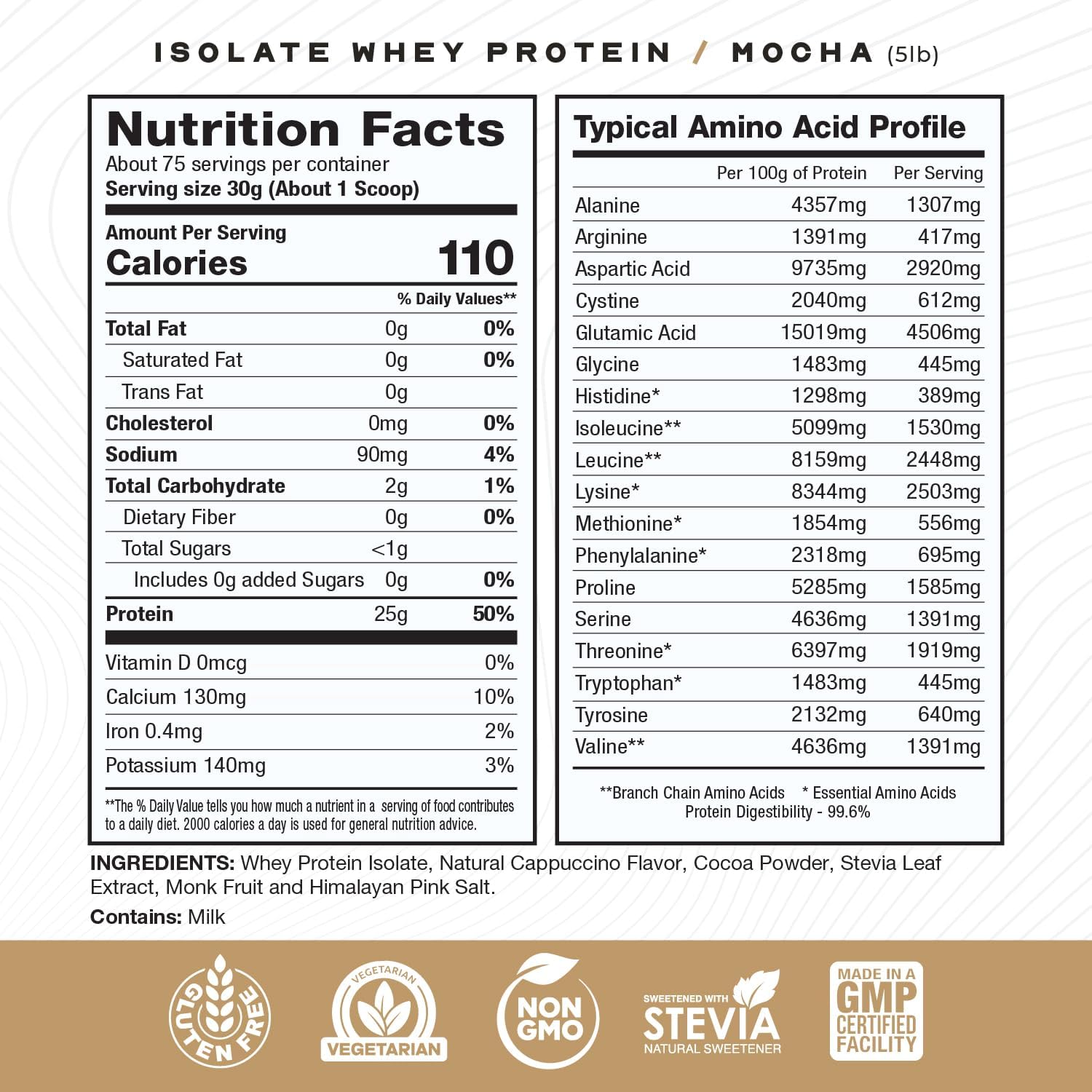5lb Muscle Feast Grass-Fed Whey Protein Isolate, Mocha Flavor, Hormone-Free & Pasture-Raised
