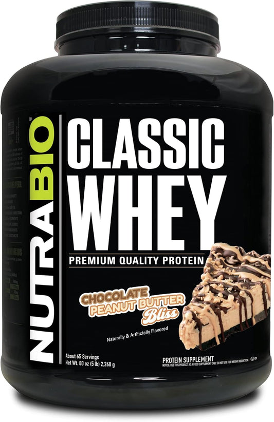 5lb NutraBio Classic Whey Protein Powder - Chocolate Peanut Butter Flavor - 25g Protein per Serving - No Fillers, Artificial Colors, or Preservatives - Low Glycemic Index