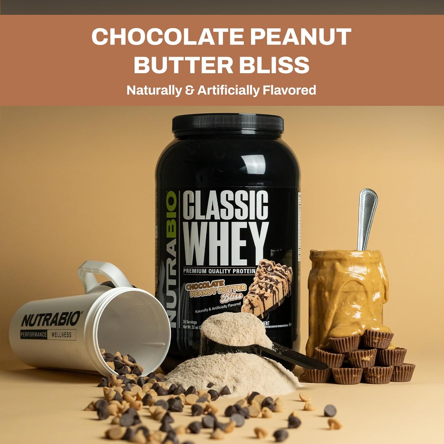 5lb NutraBio Classic Whey Protein Powder - Chocolate Peanut Butter Flavor - 25g Protein per Serving - No Fillers, Artificial Colors, or Preservatives - Low Glycemic Index