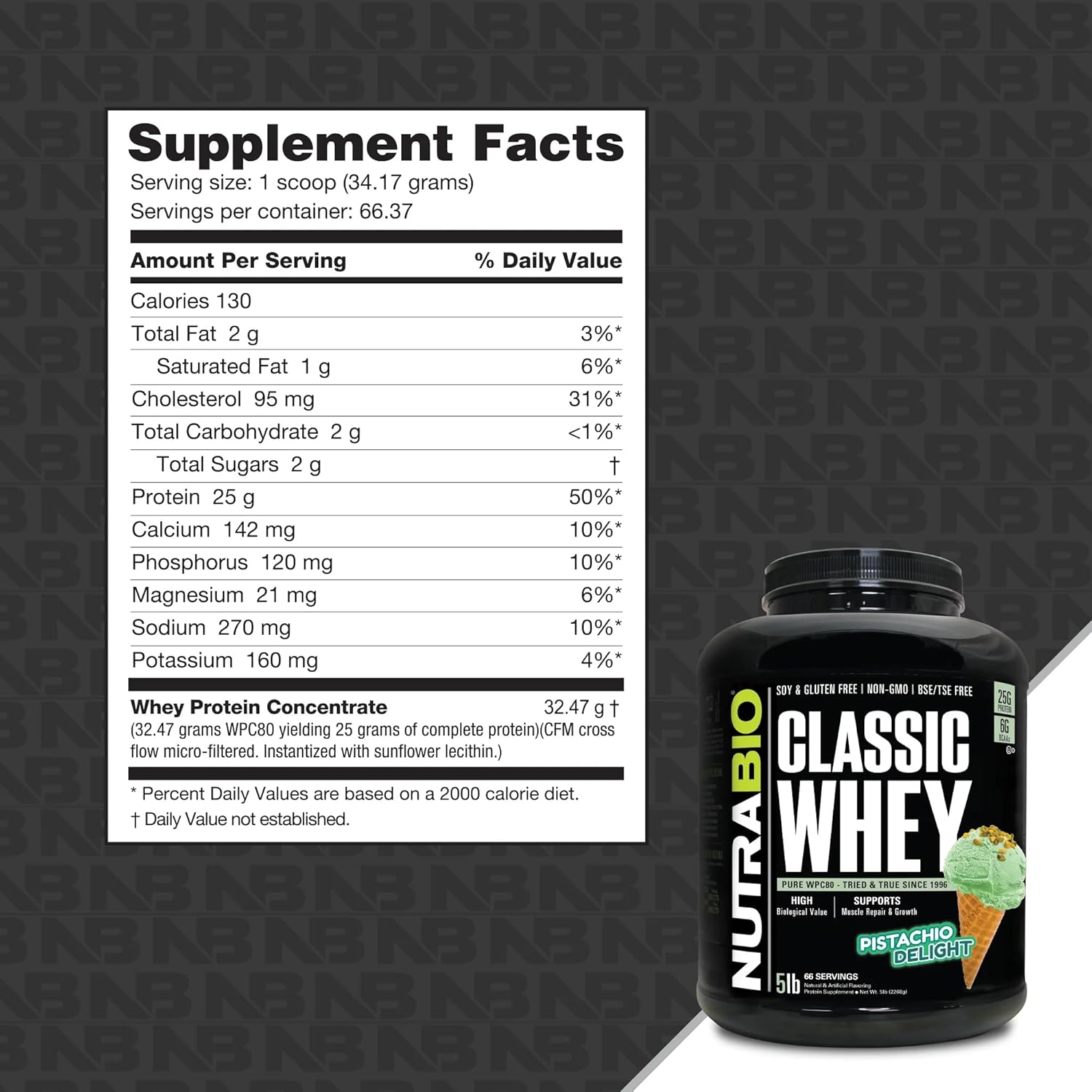 5lb NutraBio Classic Whey Protein Powder - Pistachio Delight Flavor - 25g Protein Per Serving - Full Amino Acid Profile - No Fillers or Preservatives
