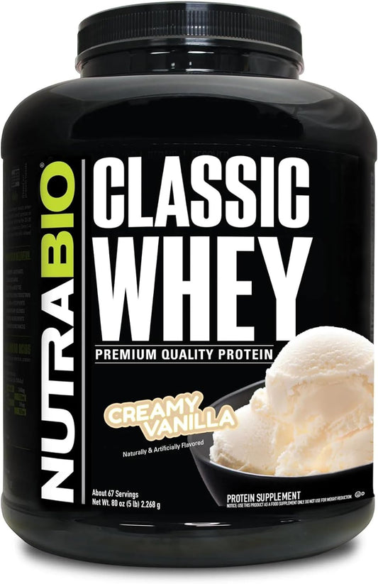 5lb NutraBio Classic Whey Protein Powder with 25g Protein per Serving, Full Amino Acid Profile, No Fillers, Artificial Colors, Low Glycemic Index - Creamy Vanilla Flavor
