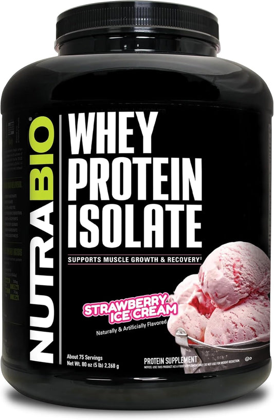 5lb NutraBio Whey Protein Isolate Powder - Strawberry Ice Cream Flavor - 25g Protein Per Serving - Complete Amino Acid Profile - No Fillers, Non-GMO, Soy & Gluten Free