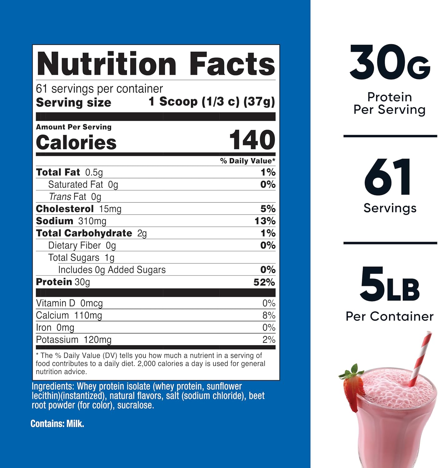 5LB Nutricost Strawberry Milkshake Whey Protein Isolate - High-Quality Supplement for Muscle Growth & Recovery