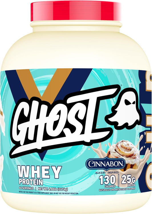 5LB Tub of GHOST Whey Protein Powder in Cinnabon Flavor - 25G Protein Blend for Post Workout Shakes - Gluten & Soy Free