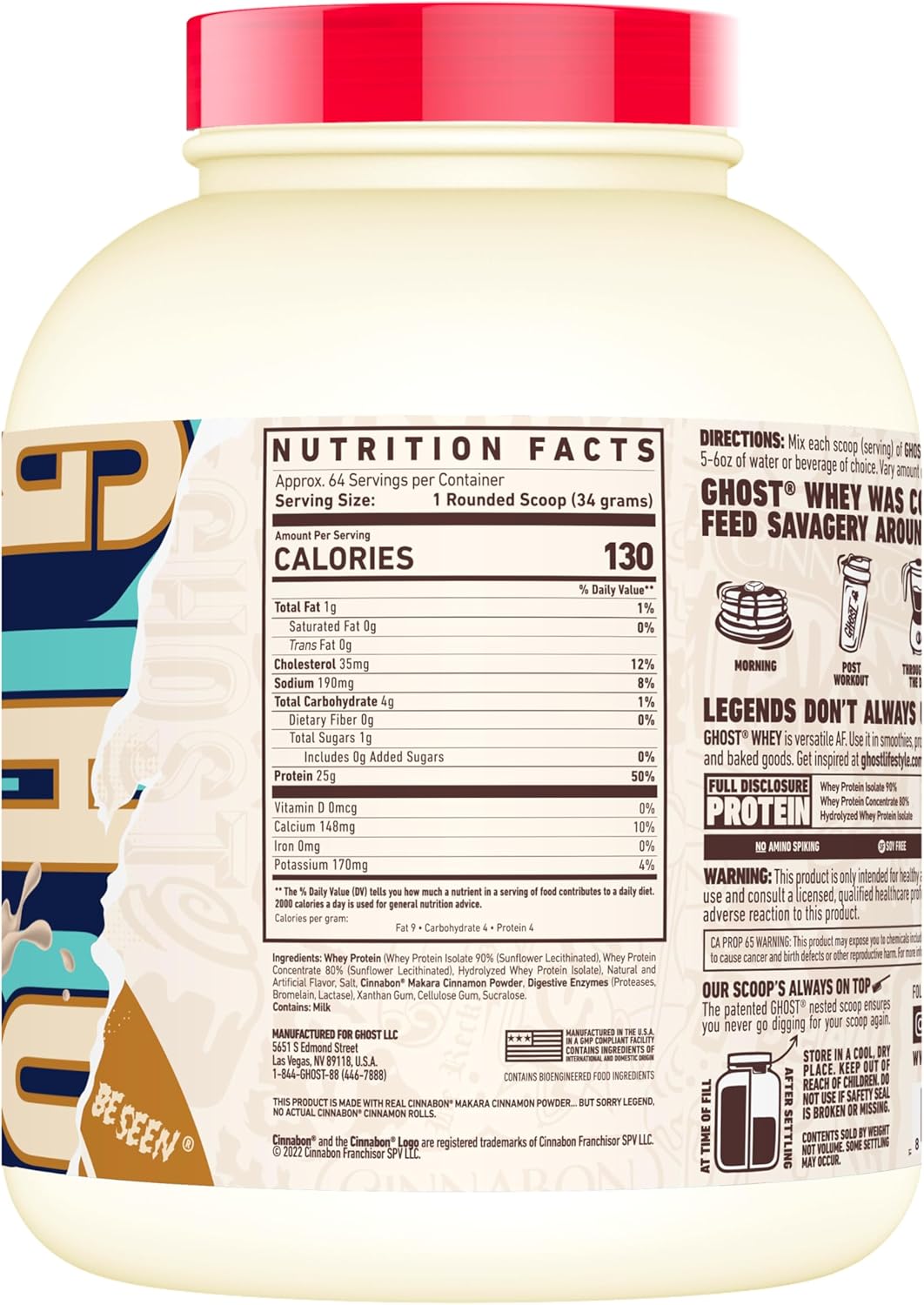 5LB Tub of GHOST Whey Protein Powder in Cinnabon Flavor - 25G Protein Blend for Post Workout Shakes - Gluten & Soy Free