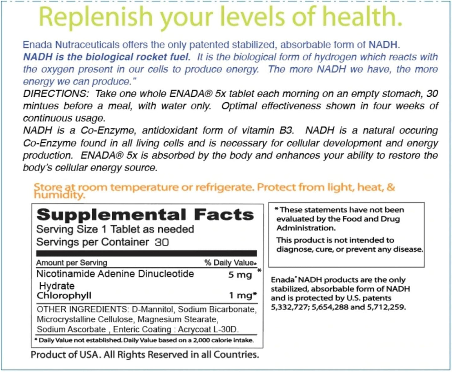 5MG NADH Supplement with Chlorophyll for Energy, Memory & Immunity Support | Co-enzyme, Antioxidant Vitamin B3, DNA Repair | Natural Energy Boost | 30 Tablets