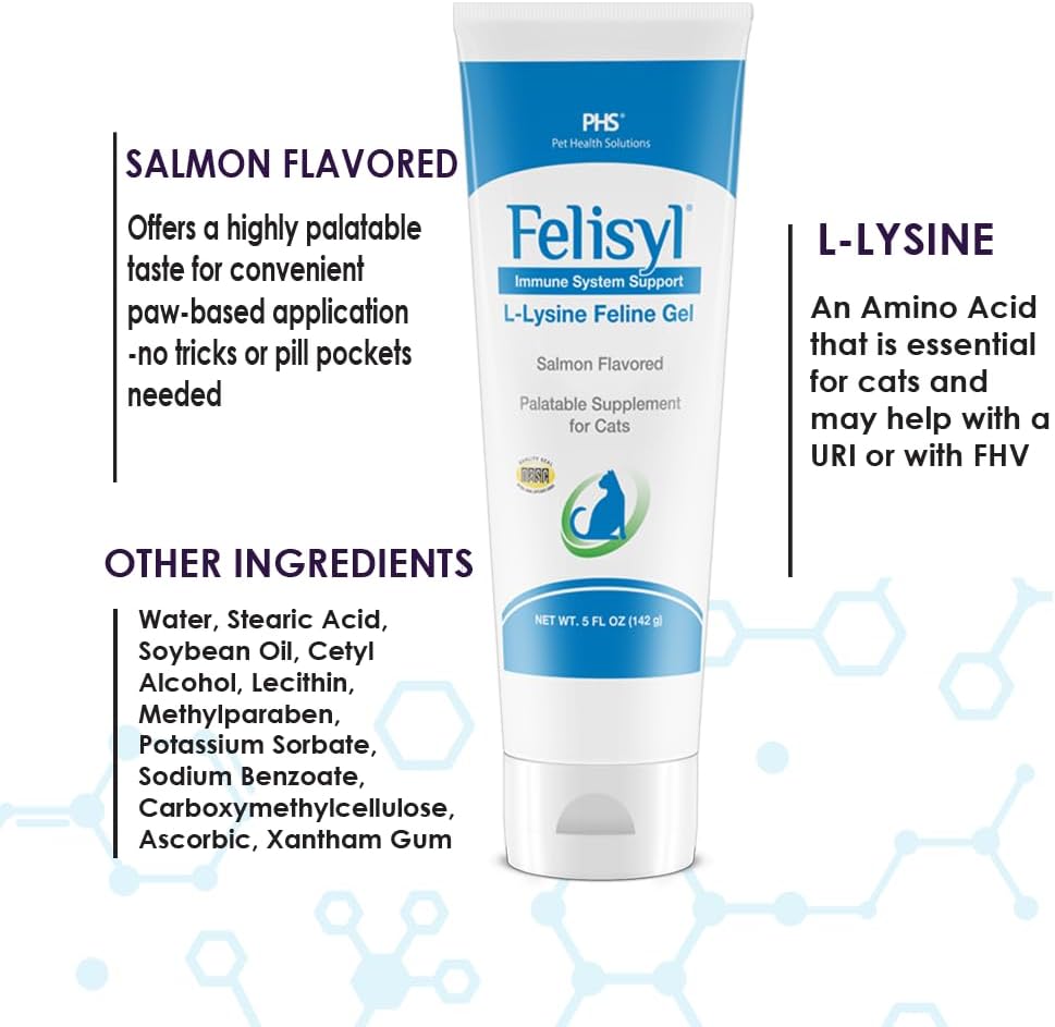 5oz Felisyl L-Lysine Gel for Cats - Promotes Immune, Respiratory, & Eye Health. Reduces Sneezing, Runny Nose, & Watery Eyes. Salmon Flavor, USA-Made