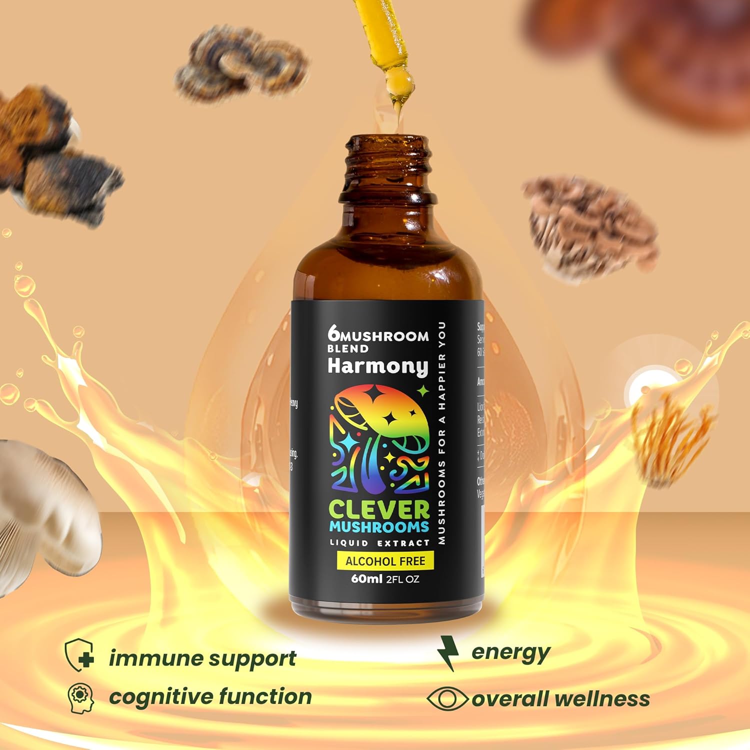 6 Blend Mushroom Liquid Extract for Natural Energy, Cognitive Support, and Immunity Boost - US Grown, Alcohol Free, 100% Fruit Bodies - Lion's Mane, Cordyceps, Reishi, Chaga, Turkey Tail - 1 fl oz