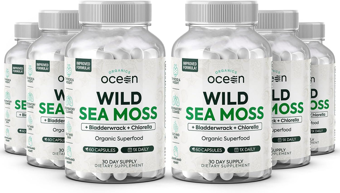 6 Bottles of Organic Ocean Wild Sea Moss Capsules with Chlorella, Bladderwrack, and Vitamin D for Energy, Lung Health, and Thyroid Support in Men and Women
