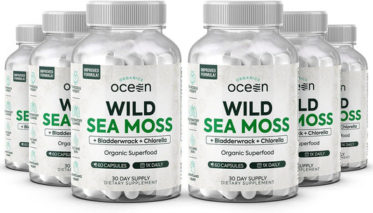 6 Bottles of Organic Ocean Wild Sea Moss Capsules with Chlorella, Bladderwrack, and Vitamin D for Energy, Lung Health, and Thyroid Support in Men and Women