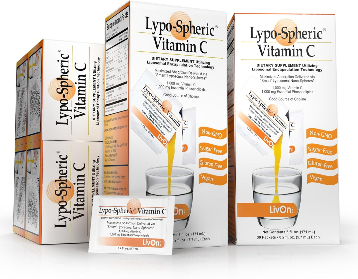 6 Cartons of LivOn Laboratories Lypo–Spheric Vitamin C - 180 Packets, 1,000 mg Vitamin C & 1,000 mg Essential Phospholipids Per Packet - Enhanced Absorption with Liposome Encapsulation - Non–GMO Formula