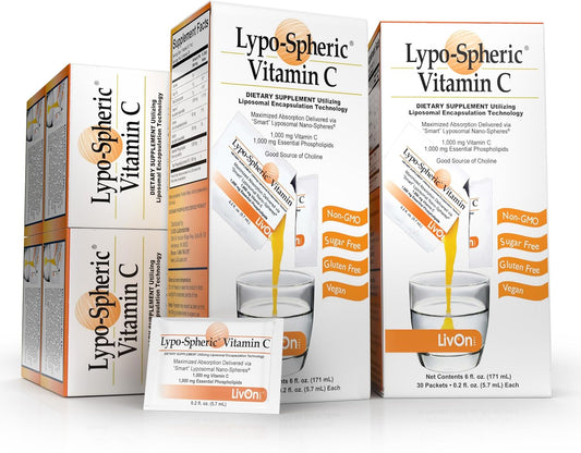 6 Cartons of LivOn Laboratories Lypo–Spheric Vitamin C - 180 Packets, 1,000 mg Vitamin C & 1,000 mg Essential Phospholipids Per Packet - Enhanced Absorption with Liposome Encapsulation - Non–GMO Formula