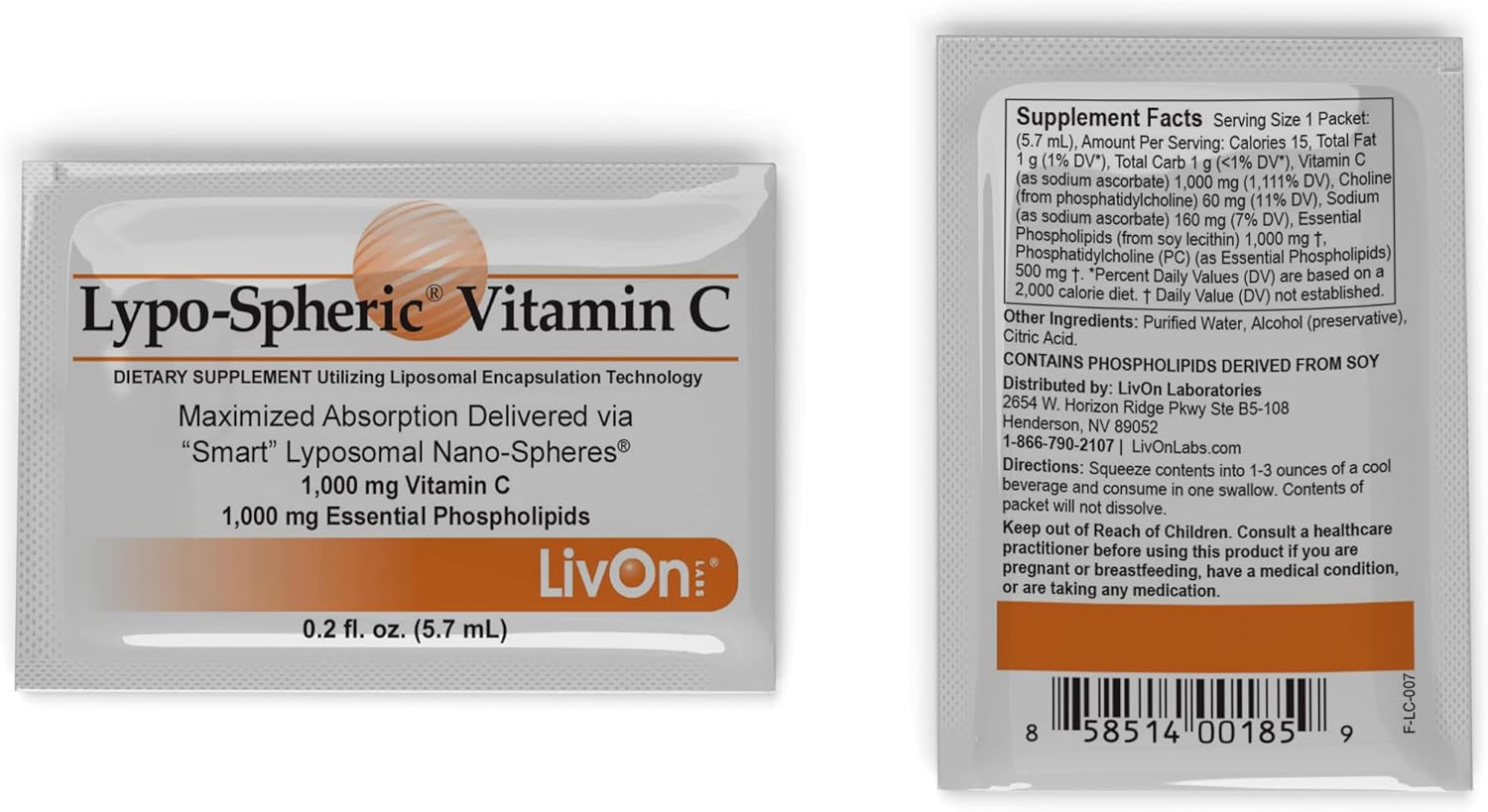 6 Cartons of LivOn Laboratories Lypo–Spheric Vitamin C - 180 Packets, 1,000 mg Vitamin C & 1,000 mg Essential Phospholipids Per Packet - Enhanced Absorption with Liposome Encapsulation - Non–GMO Formula