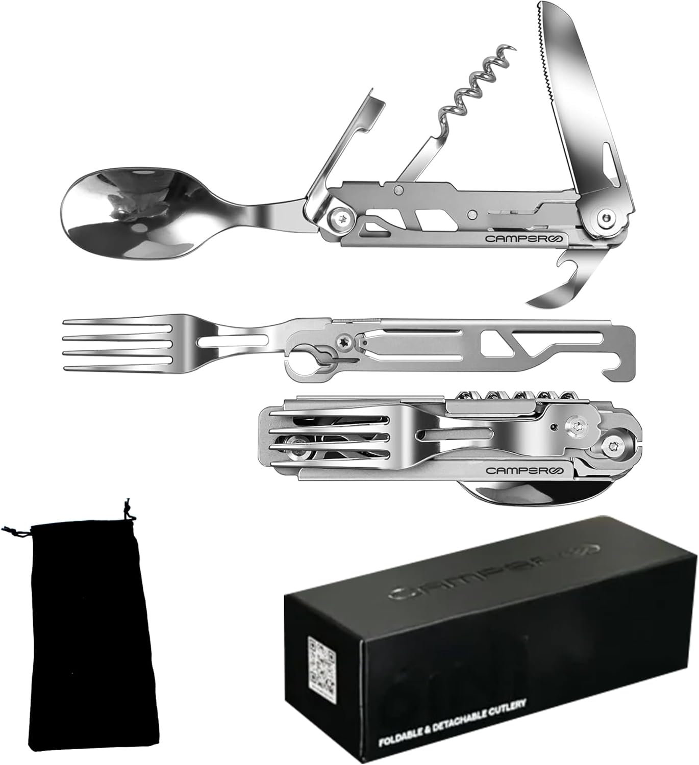 6-in-1 Reusable Camping Utensils Set with Case - Cutlery for Travel - Spoon, Fork, Knife, Opener - CAMPEROO®