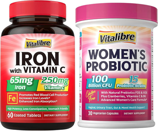 6-in-1 Women's Probiotic with Magnesium, Iron, and Vitamin C - 100 Billion CFU, 65mg Iron Supplement